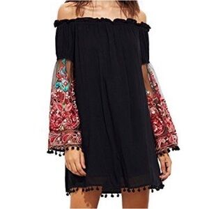 Romwe Off Shoulder Dress with Embroidered Mesh Sleeves